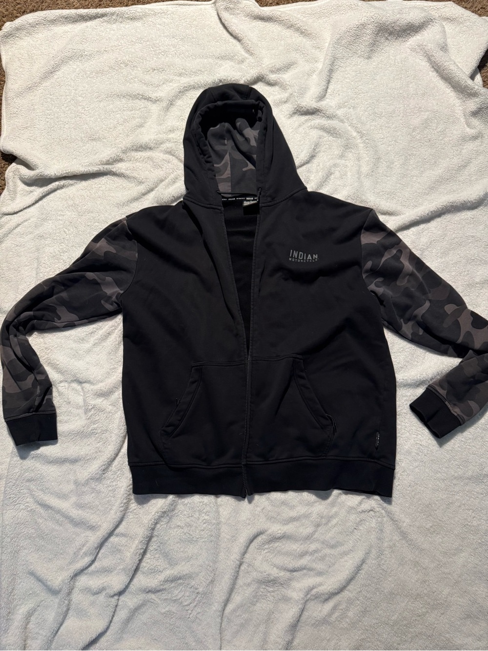 Indian Motorcycle IMC Men’s Black Hoodie with Gray Camo Sleeves